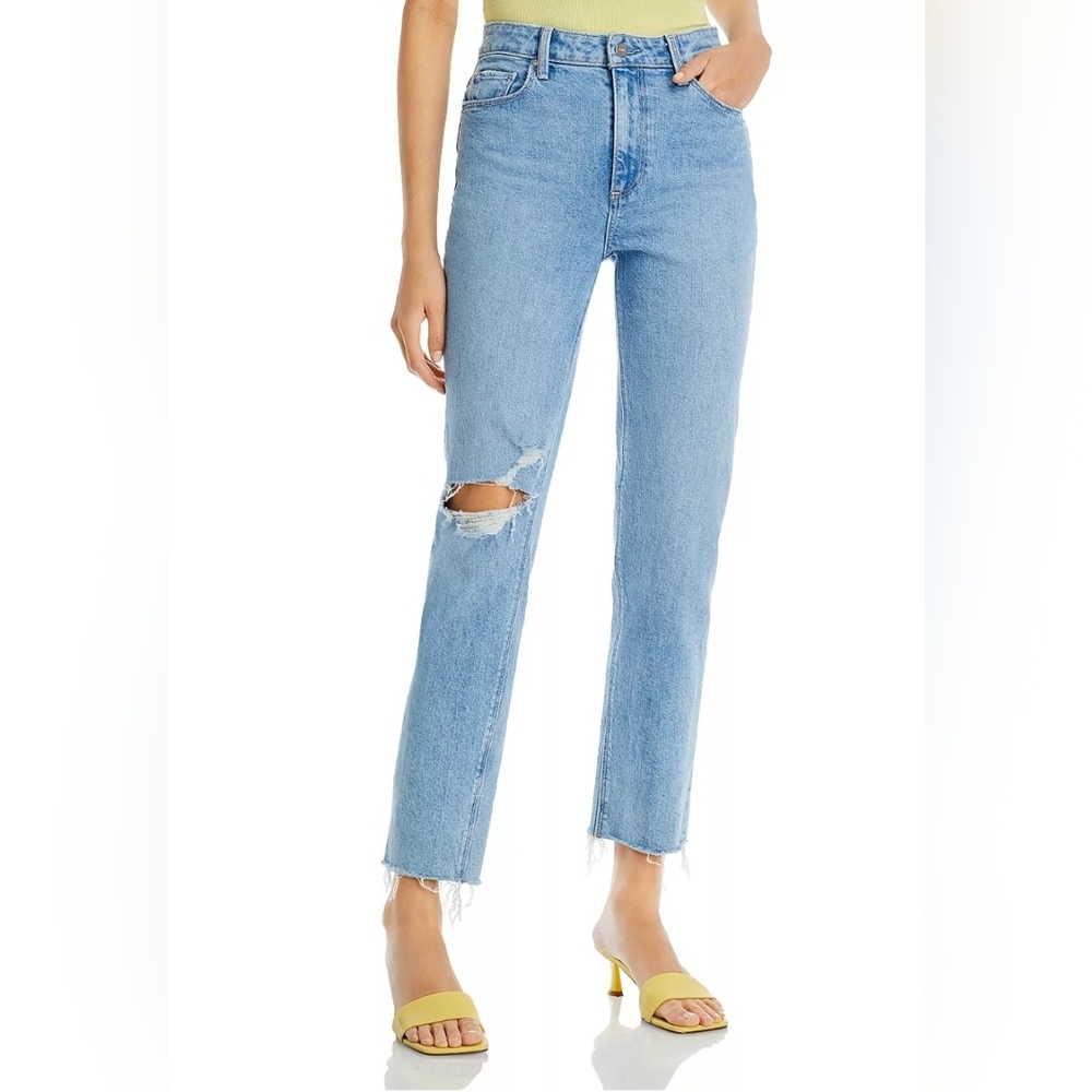 PAIGE STELLA Jeans Straight Crop High Rise Frayed Hem in Gnarly Destructed Sz 34